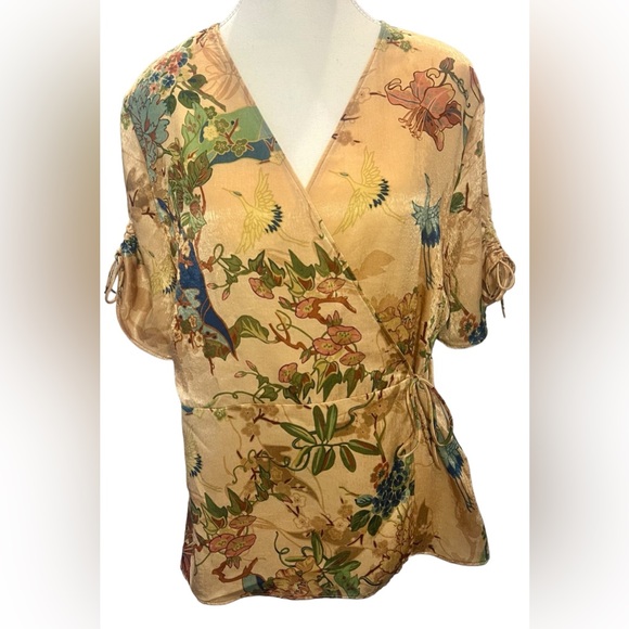 Zara Tops - ZARA gorgeous floral print wrap blouse top in gold blues and birds. Size XL